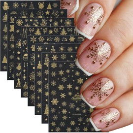 8 Sheets Gold Christmas Nail Art Stickers Metal Xmas Tree Star Snowflake Nail Stickers 3D Gingerbread Man Elk Snowman Nail Decals Self-Adhesive Nails Design for Women Holiday Manicure Decorations