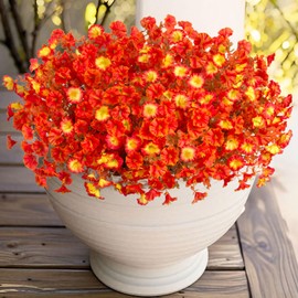 Fake Fall Artificial Flowers for Outdoor Decoration Autumn Silk Flower UV Resistant, 12 Bundles Faux Morning Glory with Eucalyptus Greenery for Indoor Garden Planters Patio Window Home Decor, Mix
