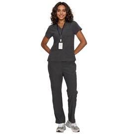 floralhue Scrubs for Women, V-Neck Scrubs Top & Cargo Pants with 12 Pockets, Yoga Waistband, 4 Way Stretch, Dark Grey, S