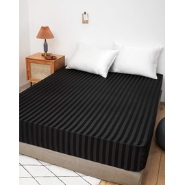 DuShow Satin Fitted Sheet King Black,Stripe Silky Deep Pocket(35cm) Satin Bed Sheets,Breathable Soft Comfortable Satin Sheets King,Fitted Sheet Only(Black,King)