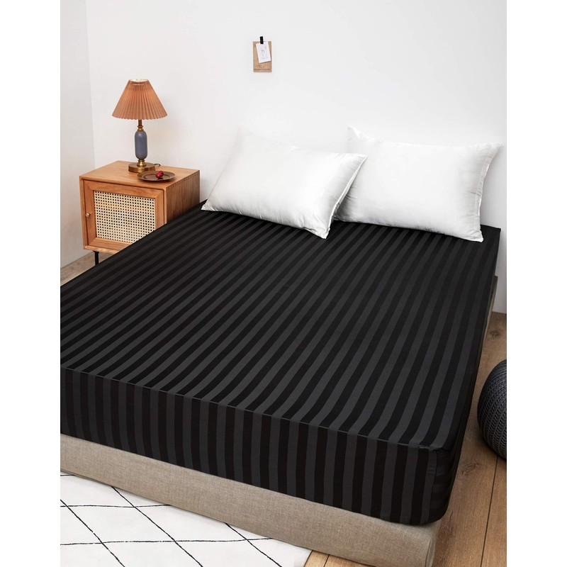 DuShow Satin Fitted Sheet King Black,Stripe Silky Deep Pocket(35cm) Satin