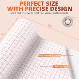 HTVRONT Clear Vinyl Transfer Paper Tape Roll 6" x 50 Feet Clear w/Red Alignment Grid - Application Transfer Tape Perfect for Self Adhesive Vinyl for Signs Stickers Decals Walls Doors & Windows