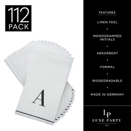 Luxe Party 112 Pack Monogram Napkins | Letter A Initial | Disposable | Premium Airlaid | Linen Feel | Decorative Table Setting | Guest Towel Napkin | White and Black