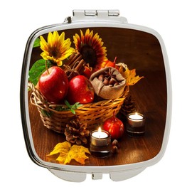 Island Gifting - Autumn Basket with Red Apples and Sunflowers Still Life - Square Compact Mirror - Travel Mirror