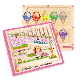 wakeInsa 2 in 1 Magnetic Color and Number Maze,Montessori Toy for Toddler Girls,Wooden Magnet Balls Puzzles,Toddler Busy Board Game,Preschool Learning Activities (Princess & Ice Cream)
