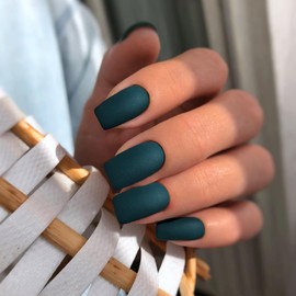KQueenest Matte Forest Green Press on Nails Short Medium Square, Natural Fake Nails Acrylic for Women Finger Wear, Salon Gel Glue on Nails Short Coffin, Fall Winter False Nails Set, 24 Pcs No Glue