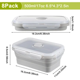 Mifoci Set of 8 Silicone Collapsible Bowls for Camping with Vent Lid 17 oz Silicone Storage Containers for Food Meal Preparation Square Bowl Microwave Freezer Dishwasher Safe(Gray)