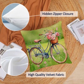 Hello Spring Pillow Covers Set of 4 Soft Velvet Spring Summer Floral Throw Pillows Decoratives Cushion Covers Truck Biycle Flower Pillow Cases for Home Sofa Couch Outdoor Decorations 18x18