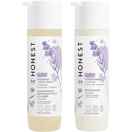 The Honest Company Acondicionador sin silicona y champú limpiador 2 en 1 + dúo de gel de baño | Suave para el bebé | Derivado Naturalmente | Calma de lavanda, 20 onzas líquidas