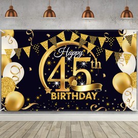 Birthday Party Decoration Extra Large Fabric Black Gold Sign Poster for Anniversary Photo Booth Backdrop Background Banner, Birthday Party Supplies, 72.8 x 43.3 Inch (45th)