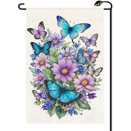 Butterfly Floral Spring Summer Garden Flag 12x18 Inch Vertical Double Sided Seasonal Purple and Blue Flower Small Flags Farmhouse Outside Decoration For Yard (ONLY FLAG) CX13