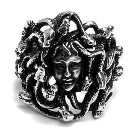 JewelryWe Cool Vintage Style Stainless Steel Greek Mythology Goddess Medusa Snake Haired Ring Band, Black Silver Colour (Size V)(with Gift Bag)