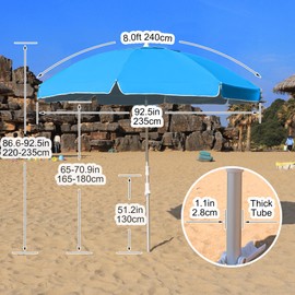 LANMOUNTAIN 8ft Large Beach Umbrella,Heavy Duty Wind Resistant Portable Sun Shade w/Tilt Pole&Sand Anchor,Shoulder Carry Bag,UV 50+ Protection,Air Vents Design for Patio Garden Pool(Light Blue)