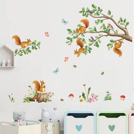decalmile Woodland Animals Wall Stickers Trees Branches Squirrels Animals Wall Decals Baby Nursery Kids Bedroom Wall Decor