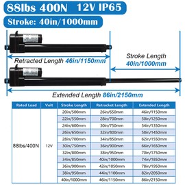 KM-LINEARTECH 40 Inch 40" 1000mm High Speed 1.34"/s 34mm/s 400N 88lbs DC12V Long Stroke Heavy Duty Electric Linear Motion Actuator Motor with Mounting Brackets IP65