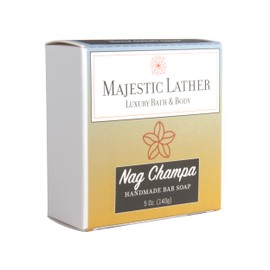 Majestic Lather Nag Champa Luxury Handmade Bar Soap for Face & Body. Gentle Cleansing, Moisturizing & Nourishing - Shea Butter & Natural Oils. Cold Process. Vegan. For All Skin Types.5.0 Oz.