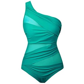 Runtlly Women's One Piece Swimsuits One Shoulder Plus Size Swimwear Bathing Suit with See Through Mesh Style 95 Green 2XL