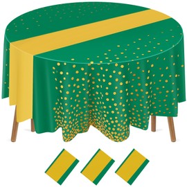 Newwiee 3 Pcs 84 Inch Polka Dot Round Disposable Tablecloths Plastic Table Cover Plastic Table Cloth with Table Runner Printed for Wedding Prom Easter 2025 Graduation Birthday Party (Green,Gold)