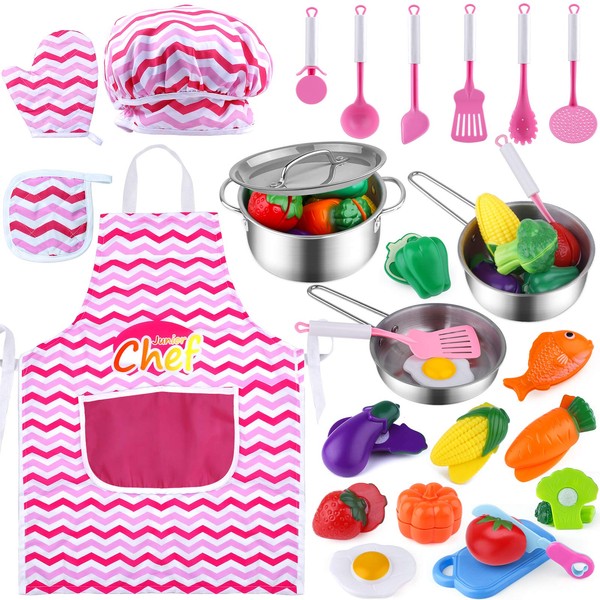 Tepsmigo Kids Kitchen Pretend Play Toys, Kitchen Playset Cooking Toys Set with Stainless Steel Cooking Utensils, Cookware Pots and Pans Set, Cutting Vegetables, Knife and Apron for Kids Toddlers Girls