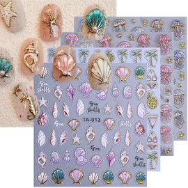 Ocean Nail Stickers for Nail Art 5D Embossed Self Adhesive Decals Seashell Jellyfish Palm Tree Summer Relief Designs Holographic Pineapple Ice Cream Nail Art Decoration Manicure Accessories for Women