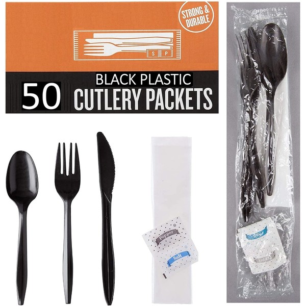 50 Plastic Cutlery Packets - Knife Fork Spoon Napkin Salt Pepper Sets | Black Plastic Silverware Sets Individually Wrapped Cutlery Kits, Bulk Plastic Utensil Cutlery Set Disposable To Go Silverware
