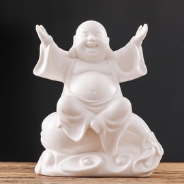 Houlu 8 Inch White Laughing Buddha Statue for Good Luck, Ceramic Lucky Happy Buddha Statue Indoor for Home Decor