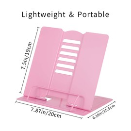 Blizzow Desk Book Stand Holders for Reading Hands Free, Durable Metal Adjustable Book Stand, Sturdy Lightweight Foldable Portable Bookstand -Cookbook, Recipe, Tablet, Music Book, Documents (Pink)