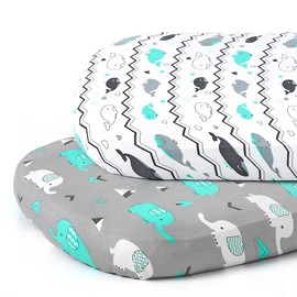 Stretch Fitted Bassinet Sheet Set BROLEX 2 Pack Cradle Sheets for Bassinet Pad/Mattress,Unisex Boys Girls,Ultra Soft,Elephant Whale