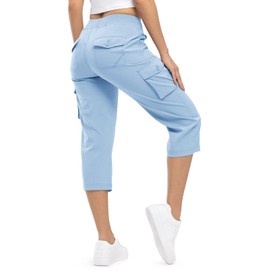TBMPOY Womens Hiking Pants Cargo Capris for Women 6 Pockets Quick Dry Casual Outdoor Trip Loose Shorts Cropped Cotton Baby Blue XL