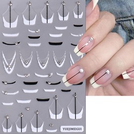 5 Sheets French Diamond Nail Stickers Flower French Manicure 3D Self-Adhesive Sparkling Crystal Black and White French Daisy Butterfly Design DIY Decal Nail Stickers for Nail Art Decoration