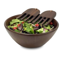 Woodard & Charles 12" Wood Salad Serving Bowl with Salad Hands, 3 Piece Set