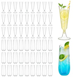 SiliFine 48 Pcs Plastic Champagne Flutes Clear Disposable Stemless Champagne Flutes for Home Daily Life Party Birthday Wedding Toasting Drinking and Celebrations (Transparent and High Feet)