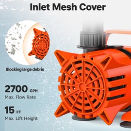 DOKO 2700GPH Submersible Water Pump, 180° Ajustable Pond Pump with 20FT Power Cord 120W Ultra Quiet Aquarium Pump for Pond, Fountain, Waterfall, Fish Tank, Hydroponic, Statuary, Orange Black