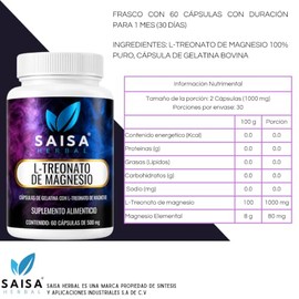 L-treonato De Magnesio 100% Puro con 60 Cápsulas SAISA HERBAL