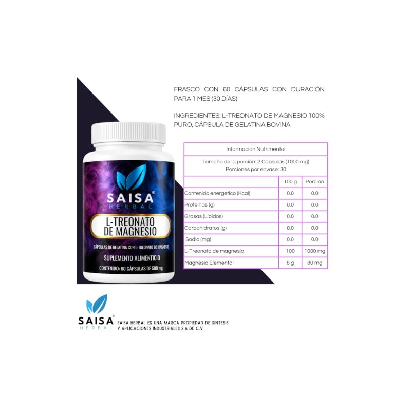 L-treonato De Magnesio 100% Puro con 60 Cápsulas SAISA HERBAL