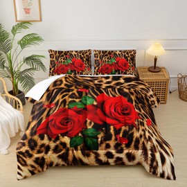 lneffble Cheetah Leopard Print Comforter Set Queen Size,Africa Cheetah Print Bedding Set for Boys Girls Kids,Cheetah and Zebra Print Quilt Set,Leopard Red Rose Floral Bedding Set for Bedroom Decor