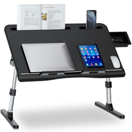 EVETTO Laptop Bed Desk, X-Large Leather Adjustable Computer Bed Table Tray, Foldable Laptop Lap Desk for Bed Sofa Couch Floor Writing Eating Working with Drawer 2 Movable Stoppers (23.6 inch, Black)