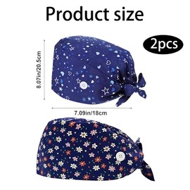 2 Pack Scrub Caps Women, with Buttons & Sweatband, Nursing Caps, Surgical Cap Men, Adjustable Bouffant Surgical Nurse Cap, Adjustable Tie Back Hat Women Men