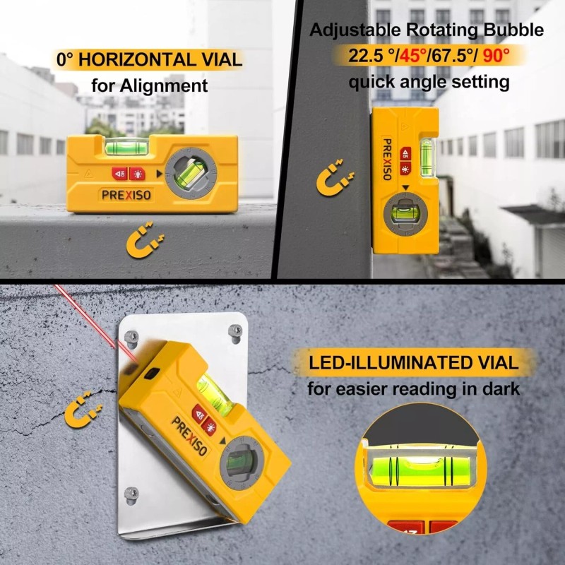 PREXISO 2-in-1 Line Laser Level -Mini Torpedo Level w/Light 3-3/4