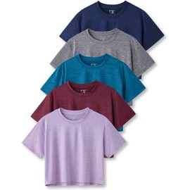 5 Pack: Women's Workout Crop Tops, Athletic Short Sleeve Gym Shirts Crew Neck Tees (Set 3, Medium)