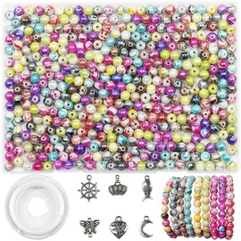 VOOMOLOVE 500pcs/8mm, Mixed Color Gorgeous Colored Acrylic Beads with Ink Patterns, for Jewelry Making and Bracelet Making, Along with 6 Different Accessories and Elastic Thread (Mixed Color)