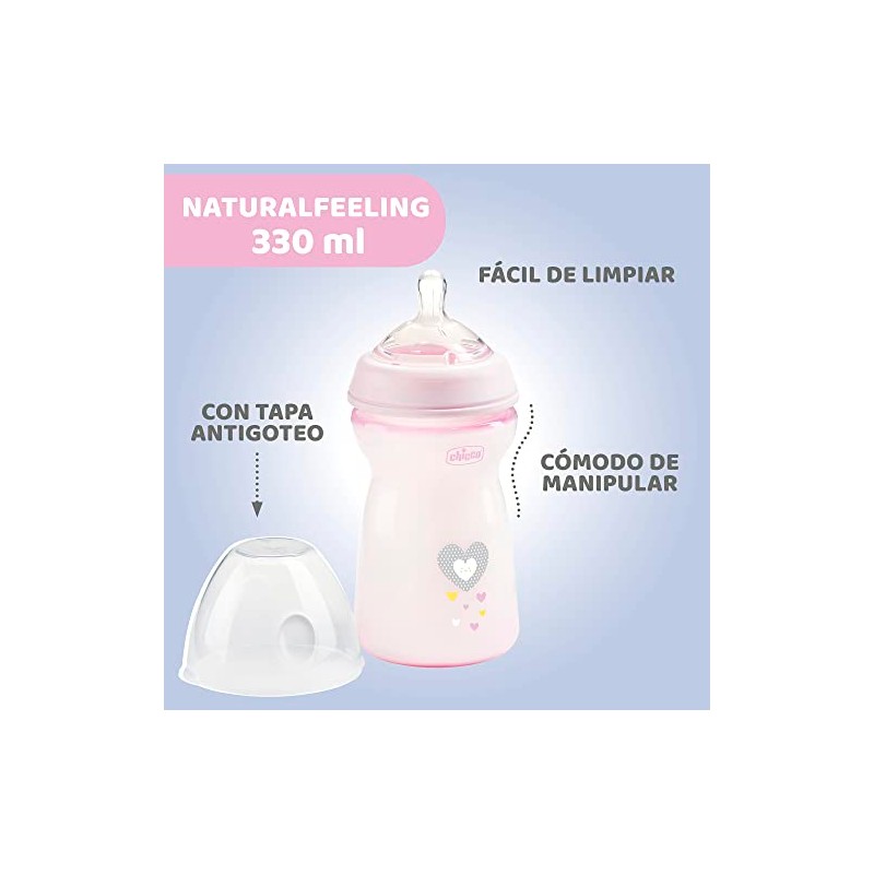 CHICCO, Biberón Natural Feeling, Color Rosa, 330 ml