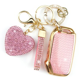 YIKECASE Key Fob Cover with Diamond Keychain Car Key Holder Compatible with Kia 2020-2022 Soul 2019-2021 Forte 2020-2021 Telluride K5 2021-2022 Seltos NIRO Sportage Sorento for Women (Pink-Heart)