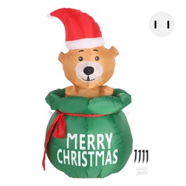 1.5m Christmas Inflatable Lovely Bear in Gift Bag with LED Light Yard Decoration Christmas Bear Blow Up Outdoor Decorations US Plug 100‑240V