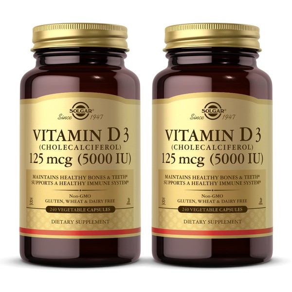 Solgar Vitamin D3 (Cholecalciferol) 125 mcg (5000 IU), 240 Vegetable Capsules - Pack of 2 - Help Maintain Healthy Bones & Teeth, Immune System Support - Non-GMO, Gluten Free - 480 Total Servings