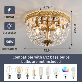 KAERDI Crystal Flush Mount Ceiling Light Fixture 3 Lights French Empire Chandeliers Lighting for Dining Living Room Foyer Kitchen Bedroom Hallway Entryway,Brushed Brass Finish,W12.6 inch X H8.27inch