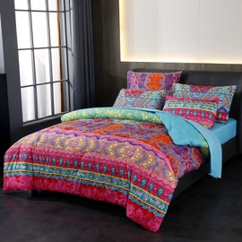 Bohemian Bed in a Bag 7 Pieces Queen Size, Colorful Boho Style Red and Blue Printed, Reversible Comforter Set (1 Comforter, 1 Flat Sheet, 1 Fitted Sheet, 2 Pillow Shams, 2 Pillowcases) (Queen, Red)