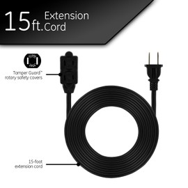 GE 15 Ft Extension Cord, 3 Outlet Power Strip, 2 Prong, 16 Gauge, Twist-to-Close Safety Outlet Covers, Indoor Rated, Perfect for Home, Office or Kitchen, UL Listed, Black, 45154