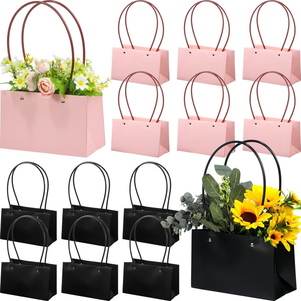 12 Pcs Kraft Paper Flower Gift Bags Bouquet Bags with Handle Waterproof Bouquet Gift Box Empty Bouquet Bags for Flowers Rectangle Packaging Wrap Bags for Mother's Day Graduation (Black, Pink)