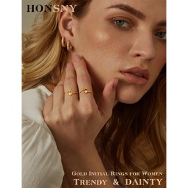 Honsny Gold Initial Rings for Women Non Tarnish 18K Gold Plated Heart Initial Stackable Rings Adjustable Pinky Rings for Teen Cute Dainty Alphabet Capital Letter Rings Jewerly Gift